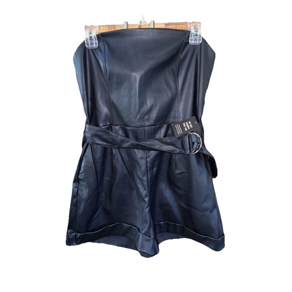 Express Faux Leather Romper Black New Strapless Pockets Belted Lined Cuffed 14 - Picture 1 of 9